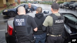 This photo released by U.S. Immigration and Customs Enforcement shows foreign nationals being arrested during a targeted enforcement operation aimed at immigration fugitives, re-entrants and at-large criminal aliens in Los Angeles, Feb. 7, 2017. 
