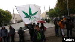 A man waves a flag during a rally against drug trafficking and in favor of the legalization of self-cultivation of marijuana for medicinal and recreational purposes in Santiago, Chile, April 20, 2017.