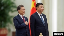 資料照：中國國家主席習近平為到訪的韓國總統文在寅在北京人大會堂舉行歡迎儀式。 （2017年12月14日）