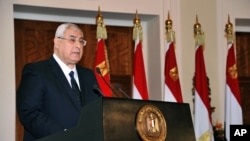 Interim President Adly Mansour speaks to government officials and members of the panel that drafted Egypt's amended constitution at the presidential palace in Cairo, Egypt, Saturday, Dec. 14, 2013. 