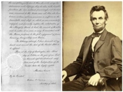 President Abraham Lincoln's signature, (left) on his Thanksgiving proclamation issued in 1863.
