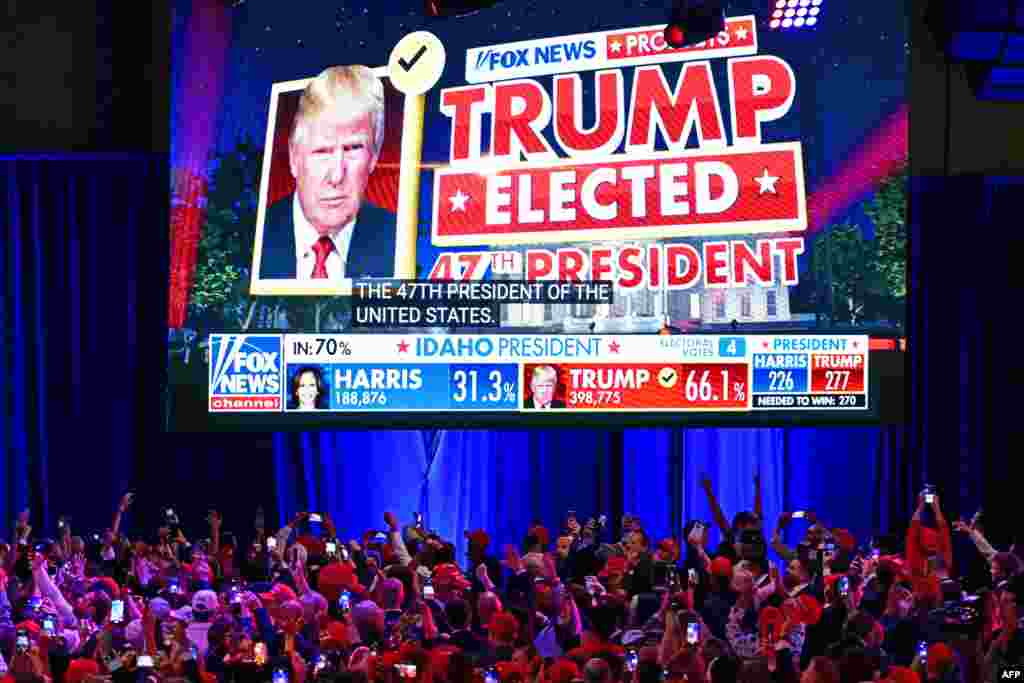 Supporters of former U.S. President and Republican presidential candidate Donald Trump celebrate as Fox News declares him the next President of the United States during an election night event at the West Palm Beach Convention Center in West Palm Beach, Florida, early on Nov. 6, 2024. 