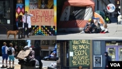 Conjunto de imágenes de personas sin hogar en diferentes calles del centro de San Francisco, California. 