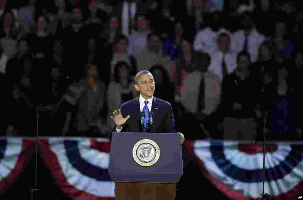 President Barack Obama speaks at his election night party November 7, 2012, in Chicago, Illinois.