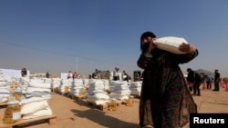 FILE - A displaced woman, who fled from Mosul due to Islamic State violence, carries food in Khazer refugee camp, east of Mosul, Iraq November 7, 2016. 
