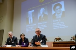 Jan Andersson, Juleen Zierath and Hans Forssberg, members of the Karolinska Institute Nobel committee, talk to media at a press conference in Stockholm, Monday Oct. 5, 2015.