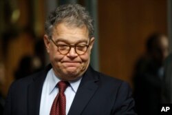 FILE - Senate Judiciary Committee member Sen. Al Franken, D-Minn., arrives on Capitol Hill in Washington, July 12, 2017.