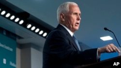 美國前副總統彭斯（Mike Pence）2023年9月18日在華盛頓保守派智庫哈德遜研究所發表演說。（美聯社）