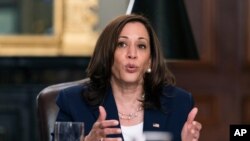 Vice President Kamala Harris speaks during a meeting with Guatemalan justice sector leaders, in the Vice President's Ceremonial Office at the Eisenhower Executive Office Building on the White House complex, May 19, 2021.