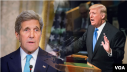 លោក John Kerry (ឆ្វេង) អតីត​រដ្ឋ​មន្ត្រី​ការ​បរទេស​អាមេរិក និង​ លោក ដូណាល់ ត្រាំ ប្រធានាធិបតី​សហរដ្ឋ​អាមេរិក។