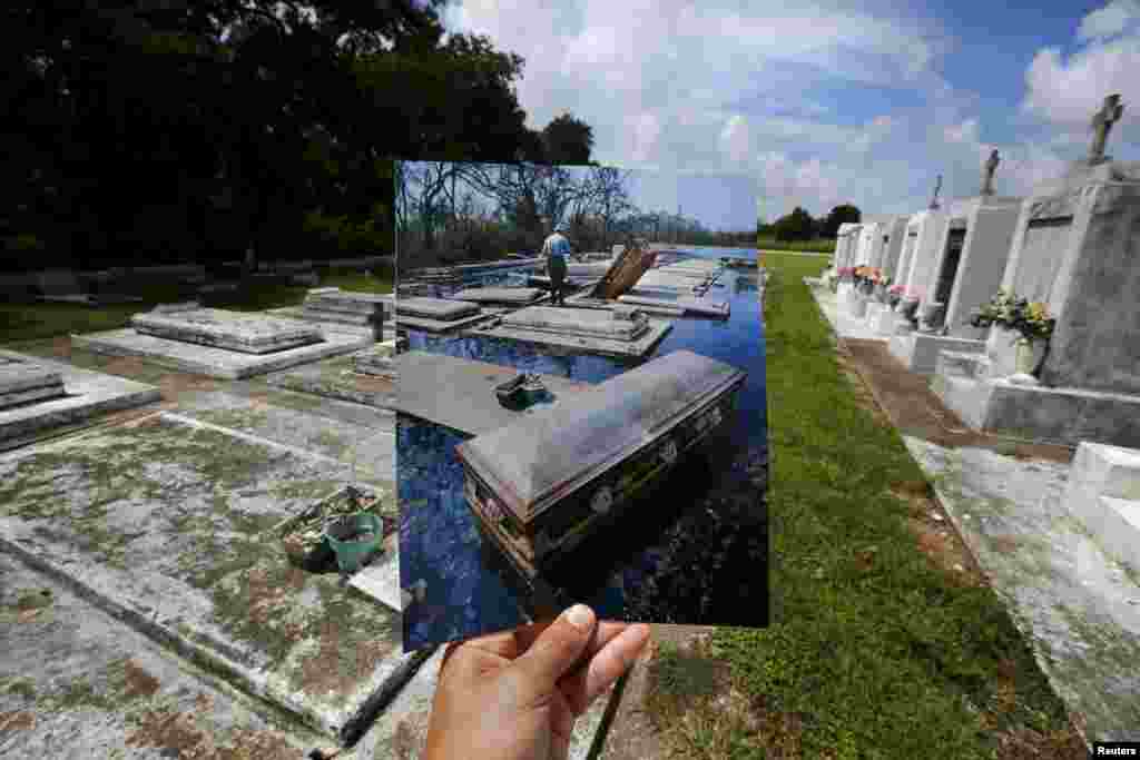 Fotografer Carlos Barria memegang foto yang ia ambil tahun 2005 setelah serangan Badai Katrina, memasangkannya dengan lokasi yang sama 10 tahun kemudian, di New Orleans, Louisiana (18/8). Foto yang dipegangnya menunjukkan peti-peti jenazah dikeluarkan dari makam (10 September 2005) setelah Badai Katrina menghantam. (Reuters/Carlos Barria TPX)