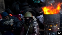 An opposition supporter warms himself next to a fire in a barricade near Kyiv's Independence Square, Jan. 31, 2014. 