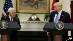 President Donald Trump speaks during a statement with Palestinian leader Mahmoud Abbas in the Roosevelt Room of the White House in Washington, May 3, 2017.