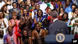 FILE - President Barack Obama is welcomed by the Young African Leaders Initiative as they shout "happy birthday," in Washington, Aug. 3, 2016.