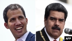 A combination of photos created on May 25, 2019, shows Venezuelan opposition leader Juan Guaido (L) during a gathering with supporters in Caracas on Feb. 2, 2019, and President Nicolas Maduro delivering a speech at the Fuerte Tiuna Military Complex in Caracas on Jan, 10, 2019.