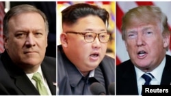 រូបបញ្ចូល​គ្នា​ ដែល​មាន​លោក​ Mike Pompeo (ឆ្វេង) នាយក CIA មេដឹកនាំ​ប្រទេស​កូរ៉េ​ខាងជើង​លោក Kim Jong Un (កណ្តាល) និង​ប្រធានាធិបតី​សហរដ្ឋ​អាមេរិក​លោក Donald Trump (ស្តាំ)។