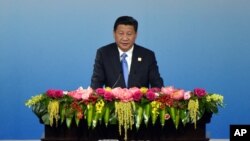 Presiden China Xi Jinping menyampaikan pidato pembukaan dalam KTT APEC CEO sebagai bagian dari KTT APEC di China National Convention Center di Beijing, 9 November 2014. 