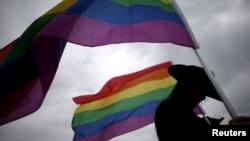 2015年4月26日一名婦女手持LGBT彩虹旗。