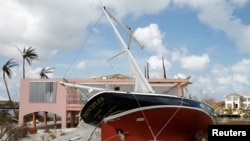 A stranded sailboat is seen after Hurricane Dorian hit the Abaco Islands in Treasure Cay, Bahamas, Sept. 7, 2019.