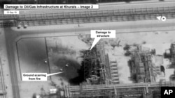 Esta imagen proporcionada el domingo 15 de septiembre de 2019 por el gobierno de EE.UU. y DigitalGlobe, muestra daños a la infraestructura en el campo petrolero Kuirais de Saudi Aramco en Buqyaq, Arabia Saudita. 