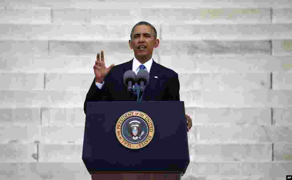 U.S. President Barack Obama speaks during a ceremony marking the 50th anniversary of Martin Luther King Jr.'s "I have a dream" speech on the steps of the Lincoln Memorial in Washington, Aug. 28, 2013.