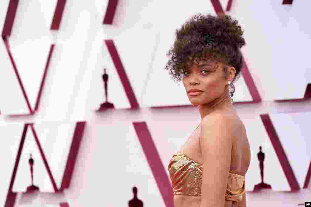 Andra Day arrives at the Oscars on Sunday, April 25, 2021, at Union Station in Los Angeles. (AP Photo/Chris Pizzello, Pool)