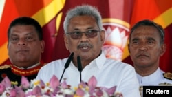 Sri Lanka's President-elect Gotabaya Rajapaksa addresses the nation, at the presidential swearing-in ceremony in Anuradhapura, Sri Lanka, Nov. 18, 2019. 