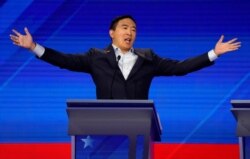 Entrepreneur Andrew Yang reacts at the 2020 Democratic U.S. presidential debate in Houston, Sept. 12, 2019.
