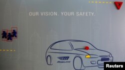 Signage is seen at the offices of Israeli driving assistant software maker Mobileye NV in Jerusalem, Sept. 14, 2016. 