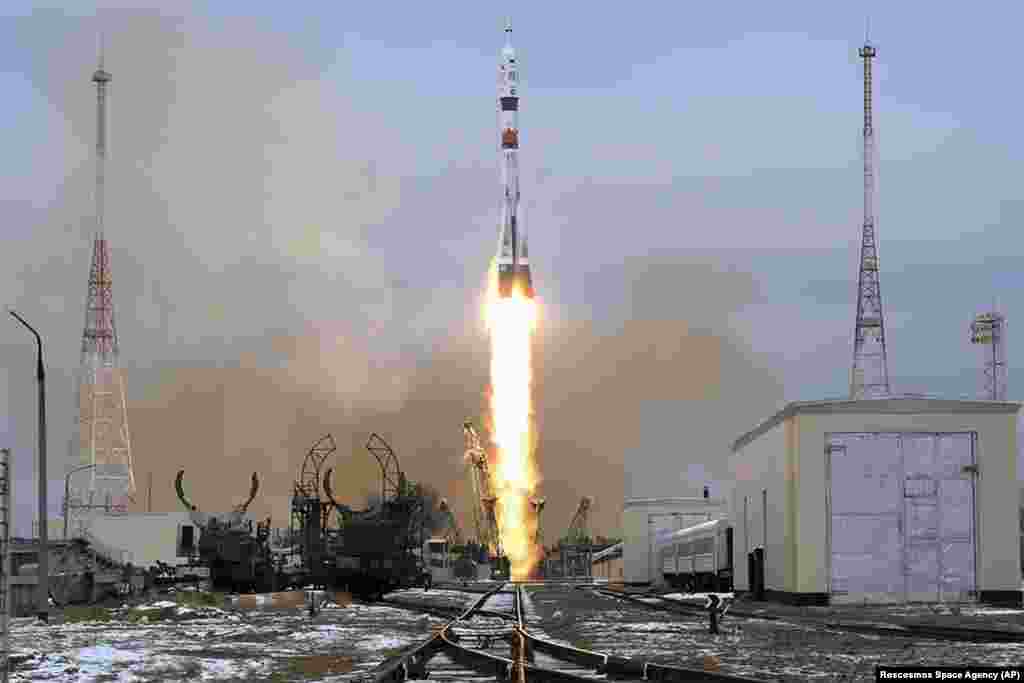 The Soyuz-2.1a rocket booster with Soyuz MS-20 space ship carrying Russian cosmonaut Alexander Misurkin, and spaceflight participants Yusaku Maezawa and Yozo Hirano of Japan to the International Space Station, ISS, launches at the Russian-leased Baikonur cosmodrome, Kazakhstan.