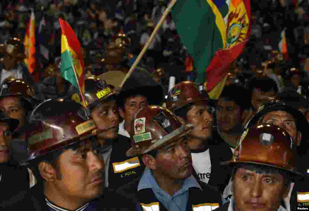 Bolivian mine workers attend a meeting to support President Evo Morales in Cochabamba, Bolivia, July 4, 2013.