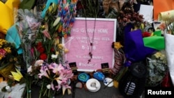 A flower tribute is seen outside Al Noor mosque where more than 40 people were killed by a suspected white supremacist during Friday prayers on March 15, in Christchurch, New Zealand, March 27, 2019.