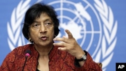 High Commissioner for Human Rights South African Navanethem Pillay gestures during a press conference at the European headquarters of the United Nations in Geneva (File)