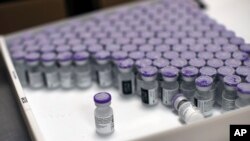 FILE - Frozen vials of the Pfizer-BioNTech COVID-19 vaccine are taken out to thaw, at the MontLegia CHC hospital in Liege, Belgium, Jan. 4, 2021. U.S. President Joe Biden is calling for a summit to address shortages in global vaccine supplies.