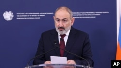 Armenia's Prime Minister Nikol Pashinyan speaks during joint statements with NATO Secretary General Jens Stoltenberg after their meeting in Yerevan, Armenia, March 19, 2024. 