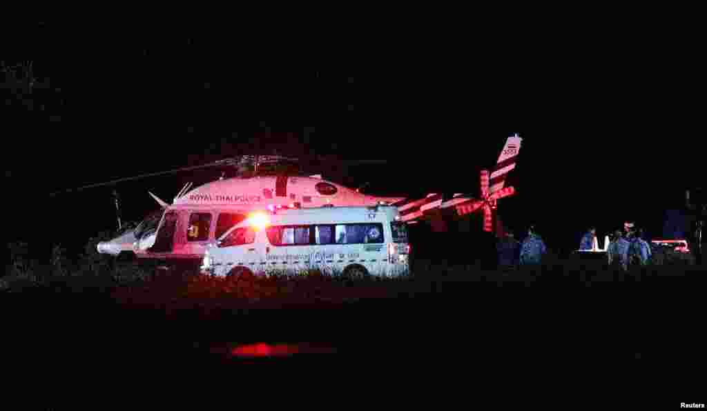 A Royal Thai Police helicopter carrying rescued schoolboys lands at a military airport in the northern province of Chiang Rai, Thailand, July 8, 2018.