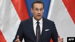 In this file photo taken on May 6, 2019, Austria's Vice-Chancellor and chairman of the Freedom Party, Heinz-Christian Strache, gives a press conference.