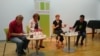 Mijat Lakićević, Elen Iberšer, Adriana Zaharijević i Dobrica Veselinović na tribini "Novi zeleni sporazum za Srbiju - ka prosperitetu i održivosti unutar EU", koja je u okviru "Razgovora o Evropi" održana u Geteovom institutu u Beogradu.