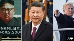 北韓領導人金正恩(左)中國國家主席習近平(中)與美國川普總統合成照。