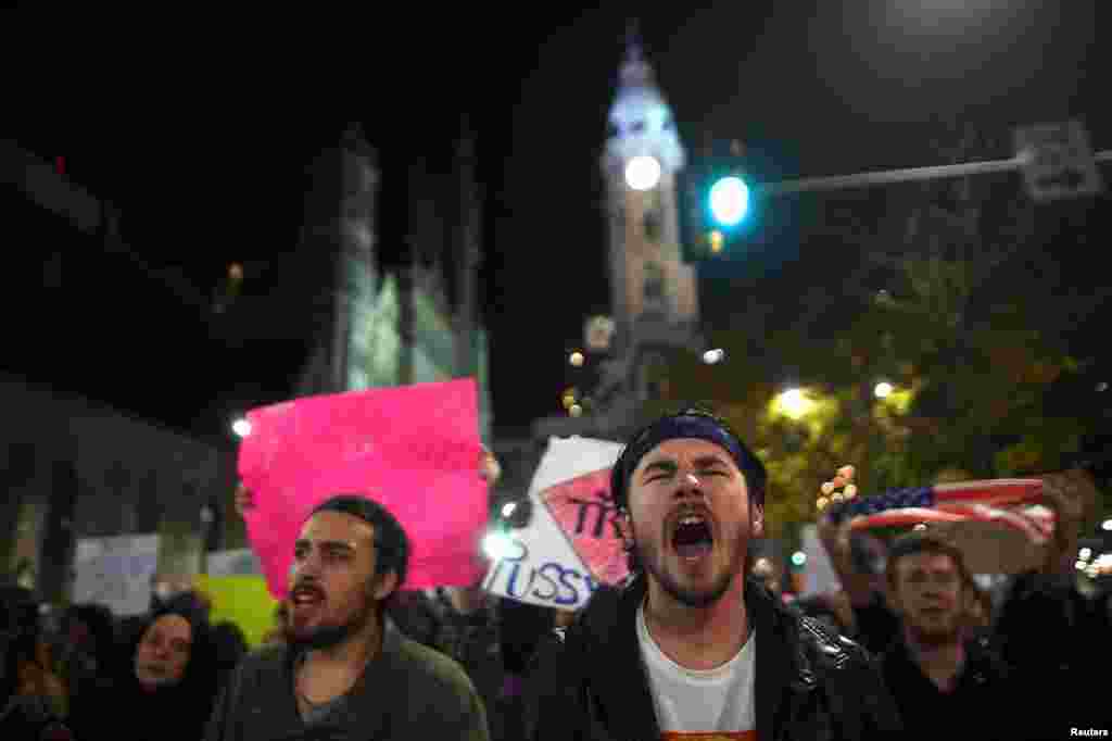 Demonstrators protest in response to the election of Republican Donald Trump as president of the United States in Philadelphia, Nov. 11, 2016.