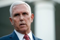 FILE - U.S. Vice President Mike Pence speaks to reporters outside the West Wing of the White House, Oct. 14, 2019, in Washington.