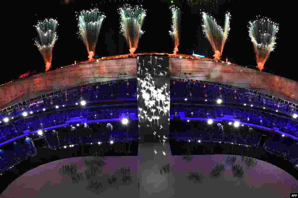 An overview of fireworks during the opening ceremony of the Beijing 2022 Winter Olympic Games, at the National Stadium, known as the Bird's Nest, in Beijing, on Feb. 4, 2022.