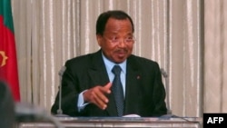 FILE - Cameroon President Paul Biya speaks at the presidential palace in Yaounde, April 19, 2013