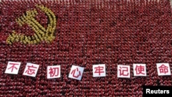 中國浙江省金華市的中共黨員手舉“不忘初心牢記使命”的標語牌組成中共黨旗圖案的陣仗。 （2019年6月28日）