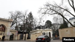 FILE - A car enters the Russian Embassy in Prague, Czech Republic, March 26, 2018. 