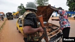 A gendarme checks a car at a checkpoint in the PK4 district of Bangui, Feb. 27, 2014. 