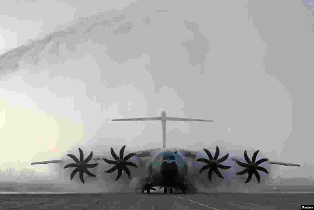 A view shows an Airbus A-400M military transport aircraft, purchased for Kazakhstan's armed forces, upon its landing at the airport of Almaty, Kazakhstan.