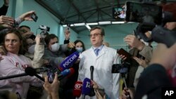 Alexander Murakhovsky, chief physician of the Omsk Ambulance Hospital No. 1 intensive care unit where opposition leader Alexei Navalny was hospitalized, speaks to the media in Omsk, Russia.