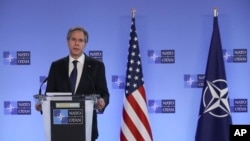 Le secrétaire d'État américain Antony Blinken prononce une allocution au siège de l'OTAN à Bruxelles, le 23 mars 2021.