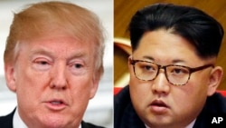 Cette photo montre le président américain Donald Trump à gauche, à la Maison Blanche, à Washington le 26 février 2018 et le dirigeant nord-coréen Kim Jong Un au congrès du parti à Pyongyang, Corée du Nord, le 9 mai 2016. (Photo AP / Evan Vucci, Wong Maye-E)